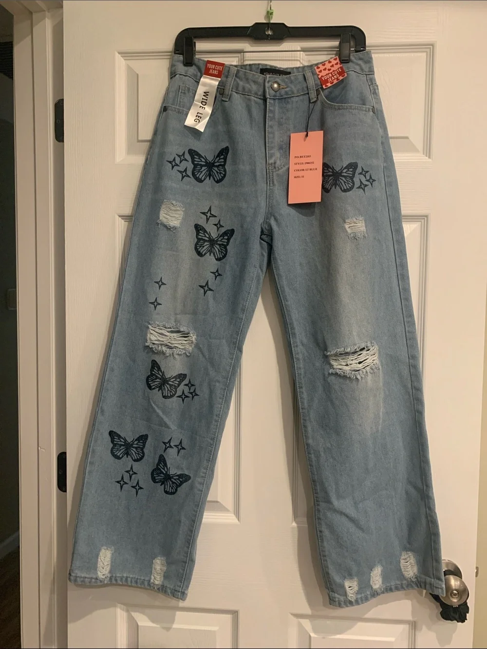 Light Blue Women's Wide Leg Jeans with Butterfly Print - Picture 1 of 2